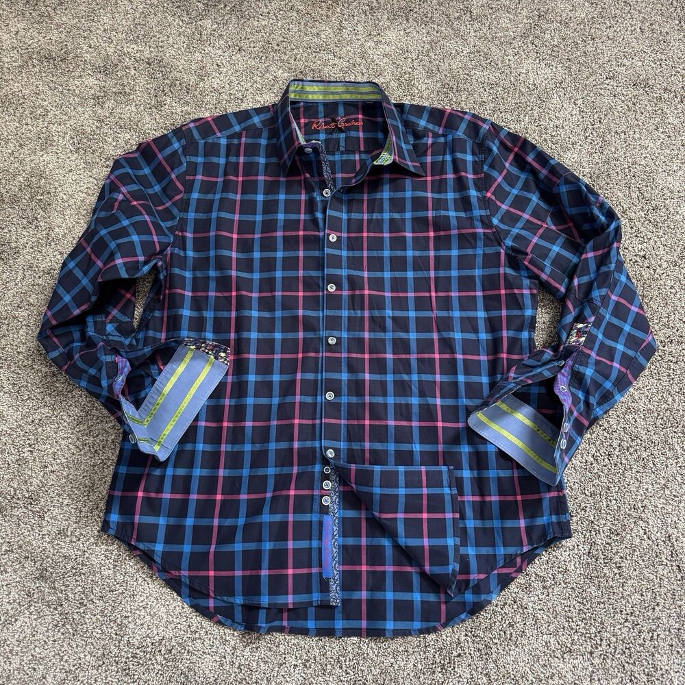 Robert Graham X Plaid Striped Blue Pink Cotton Button Up Shirt Men’s Size 2XL